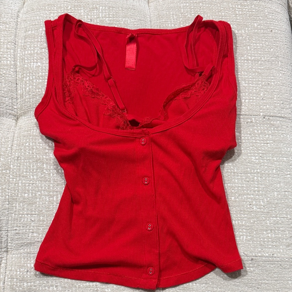 SKIMS Red Lace-Trim Ribbed Button-Front Tank - Picture 3 of 5